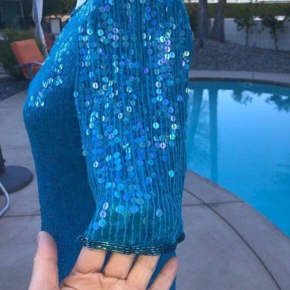 Saks Fifth Avenue Silk Top Small S Womens Vintage Blue Sequin Short Sleeve - Picture 8 of 12
